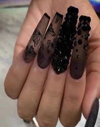 False Nails 24Pcs Phantom Dark Butterfly Fake Long T Black Scrub Wearable Nail Patch Rhinestone Coffin Ballerina NailsFalse4525920