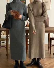 Casual Dresses Turtleneck Grey Thick Sweater Dress Women Jumper Knitted Woman Winter Solid Warm 2023 Korean Pollover Knitwear