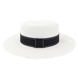 Wide Brim Hats Women Summer Panama Flat Top Solid Band Ribbon Straw Paper Handmade Sun Outdoor Casual Black White Men