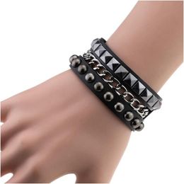 Chain Link Chain 1Pc Mtilayers Rock Spikes Rivet Chains Gothic Punk Wide Cuff Leather Bracelet Bangle Fashion Men Bracelets Dhgarden Dh2Ws