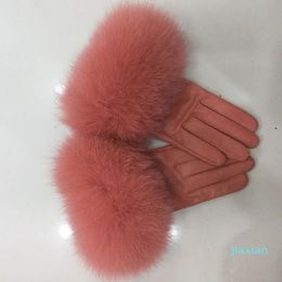 Designer Female Luxury Real Leather Gloves With Fox Fur Cuff Women Warm Winter Genuine Ladies Casual Hand Warmer