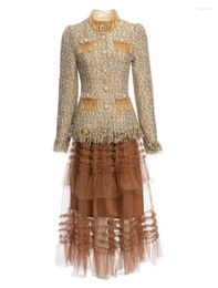 Work Dresses 2023 Autumn Winter 2 Piece Wool Sets High Quality Women Hand Made Beading Coat Outwear Elastic Waist Long Mesh Skirt