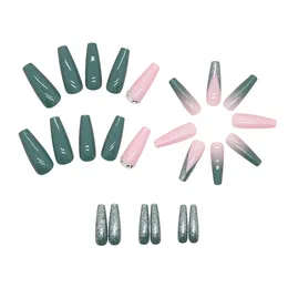 False Nails Shiny Glitters Pink Green Press-on Nail Stylish Colro Matching With Glue For Women And Girl Salon