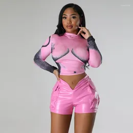 Women's Shorts Zoctuo Night Club PU Leather Pink Fashion Patch Pocket Bodysuit Sexy Low Waist Party Grunge Wear