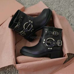miui High Shoe Best-quality for Version Boots Family Short Women Autumn and Winter New Thick Soled Genuine Leather Low Tube Boots Belt Buckle Martin Boots for Women