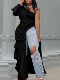 Plus Size Dresses Spring Solid Asymmetrical Side Split Stretchy Draped Dress Sexy Plain Party Female Vestidos Maxi