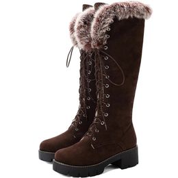 Boots ENMAYER Fretwork Heels Velvet Zip OvertheKnee Winter Round Toe Fur Med Solid Women Shoes Yellow Knee High 231101