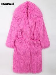 Women's Fur Faux Fur Nerazzurri Winter Long Bright Pink Oversized Shaggy Hairy Soft Fluffy Thick Warm Faux Fur Coat Women Lapel Runway Cute Fashion 231120