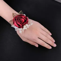 Charm Bracelets Girls Bridesmaid Wrist Flowers Pink Corsage Hand For Bride Women Party NIN668