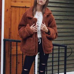 Womens Fur Faux Fur Elegant Bear Teddy Faux Fur Coat Women Autumn Winter Thick Warm Soft Fleece Jacket Female Pocket Zipper Coat veste femme 231101