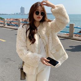 Womens Fur Faux Fur XPQBB Korean Style Lamb Wool Jackets Women Autumn Winter Thick Warm Faux Fur Coats Ladies White Long Sleeve Plush Outwear 231102