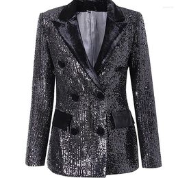 Women's Suits Women's Shiny Sequins Lapel Jacket Spring Black Double Breasted Outwear Lady Business Office Work Blazer Party Dinner Prom