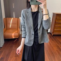 Women's Suits Grey Lattice Long Sleeved Clothing Small Suit Blazer Ladies Coat Slim Fit Wear Jacket Notch Lapel 40-46 One Button