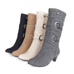 Boots Big Size 34-43 Autumn Winter PU Leather Buckle Chunky Heels Mid Calf Boots Round Toe Slip on Casual Women Shoes Roman Style 231102