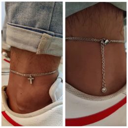 Anklets Stainless Steel Men s Anklet With Cross Charm Double Chain Gift For Boyfriend Man s Ankles Bracelet Christian Catholic Jewellery 231101