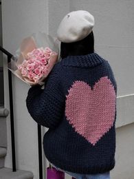 Women s Knits Tees Back Heart Pattern Knit Crochet Cardigan For Women V neck Open Front Lantern Sleeve Sweater 2023 Autumn Casual Tourism Outwear 231101