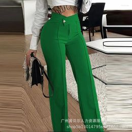 Women's Pants Women Solid Color Wide Leg Zipper Loose Fit Flat Office Lady Slight Strech Autumn 2023 Patchwork Button