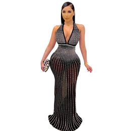 Designer Sexy Diamonds Dresses Women Plus Size 3XL Luxury Halter Backless Maxi Dress Mesh See Through Elegant Evening Party Dress Clubwear Wholesale Clothes 10338