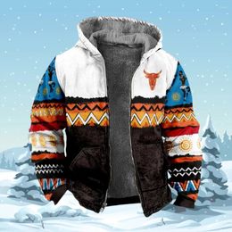 Men's Hoodies Warm Hoodie 2023 Winter Fleece Coat Jackets Outerwear Sweatshirts Zip Up Aztec Bullfight Tribal Graphics Parka Overcoat