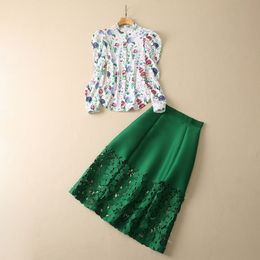 Spring Floral Print Two Piece Dress Sets Puff Sleeve Round Neck Single-Breasted Blouse & Green Hollow Out Mid-Calf Skirt Suits Set S2D07