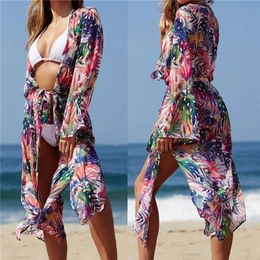 Floral Tunic For Beach Bathing Suit Cover Ups Long Chiffon Beach Dress Plus Size Beachwear Bikini Cover Up Saida De Praia #q694 Y1243U