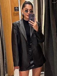 Women's Leather Vintage Black Jacket For Women Loose Lapel V Neck Long Sleeve PU Blazer Coat 2023 Autumn Chic Office Lady Streetwear