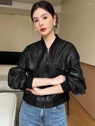 Women's Leather Casual Genuine Bomber Jacket For Women Autumn 2023 Simple Zipper Stand Collar Black Cropped Real Sheepskin Coat
