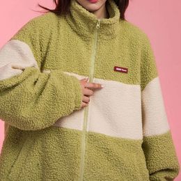 Women's Wool Blends Deeptown Women Zip Up Jackets Lambs Wool Kawaii Harajuku Jacket Green Thick Fleece Fuzzy Coats Loose Chic Spliced Korean Fashion 231102