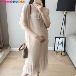 Maternity Dresses 2022 pregnant women summer fashion chiffon dress short sleeve bow collar maternity red wedding dress loose maternal party dress Q231102