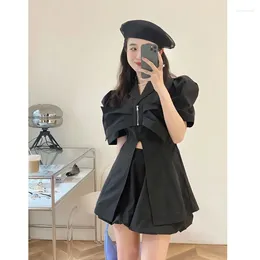 Work Dresses WDMSNA Summer Hong Kong Style Bubble Sleeve Blouses Women Slim Black Top Higth Waist Shorts Two Piece Sets Womens Outifits