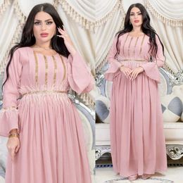 Ethnic Clothing Women's Summer Muslim Feather Diamond Chiffon With Belt Round Neck Skirt Turkish Abaya Arab Islamic Kaftan Gown
