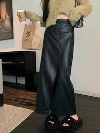 Skirts Leather Skirt Spring Autumn Women's High Waist Sheepskin Long Female Slimming Ankle Length Wide Slit