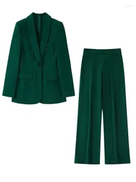 Women's Two Piece Pants Green Notched Blazer Suits 2 Pieces Sets Single Button Coat High Waist Wide Leg Suit 2023 Spring Office Lady Outfits