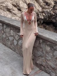 Casual Dresses Elegant Deep V Neck Sexy Plunge Maxi Dress Knitted Holiday Open Back Long Sleeve Beach 2023 Fashion Outfits Vestido