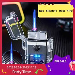 Lighters Transparent Waterproof No Gas Electric Dual Fire USB Plasma Lighter Outdoor Windproof Turbine Torch Men's Gift