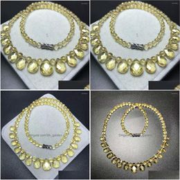 Chains Chains Natural Yellow Citrine Quartz Necklace Women Clear Water Drop Beads 10Mm Pendant Long Drop Delivery Jewellery Nec Dhgarden Dhfti