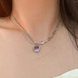 Pendant Necklaces Y2K Purple Crystal Heart Necklace Gothic Retro Metal Shiny Clavicle Chain Women Girls Jewellery Gift