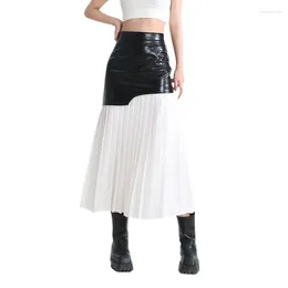 Skirts 2023 Autumn And Winter High-waisted Splicing Gauze Pleated Half Skirt Ladies Street Wind Long Leather