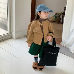 Jackets Korea Childrens Clothing Girls Coat Autumn Baby Khaki Short Locomotive Round Collar Zipper Long Sleeve