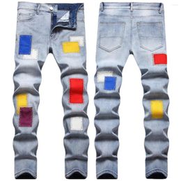 Men's Jeans Colour Patches Embroidered Men Fashion Slim Mid Waist Stretch Skinny Man Casual Blue Denim Pencil Trousers Streetwear