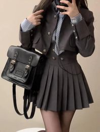 Clothing Sets Spring 2024 Preppy Style American Uniform Set Girls Short Suit Coat Long Sleeve Striped Shirt Slim High Waist Pleated Skirt