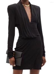 Skirts Designer Fashion Long Sleeve V-neck Draped Asymmetrical Party Dress Est 2023