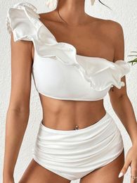Damen Bademode 2023 Sexy Hohe Taille Rüschen Bikini Sets Feste Weiße Bandeau Damen Badeanzüge Badeanzug Brasilianische Biquini