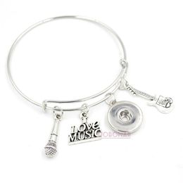 Whole Snap Jewellery I love music Bracelet Guitar Microphone Expandable Bangle Guitar Microphone Snap Button Bracelets for Music204B