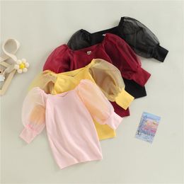 Girl Dresses Kids Toddler Autumn Fashion Dress Mesh Long Puff Sleeve Off Shoulder Patchwork Solid Colour Children