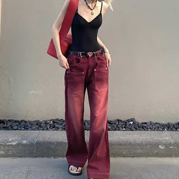 Boyfriend Style Streetwear Baggy Jeans Women Denim Trousers High Waist Vintage Washed Distressed Wide Leg Mopping Red Pants