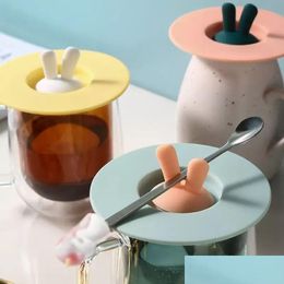 Drinkware Lid Ups Sile Cup Lids 10Cm Cartoon Rabbit Ears Overflow Prevention Anti Dust Round Bowl Reusable Seal Coffee Mug Caps Er 1 Dhzse