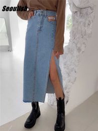 Seoulish Summer 2023 New Women's Long Denim Skirt Vintage High Wasit Jeans Skirt Female Straight Side Split A-line Pencil Skirts