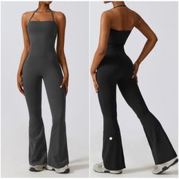 Lu Lu Lemens Womens Bodysuit Jumpsuits Yoga Outfits Sleeveless Close-fitting Dance One Piece Jumpsuit Long Pants Fast Dry Breathable Bell-bottoms Pants