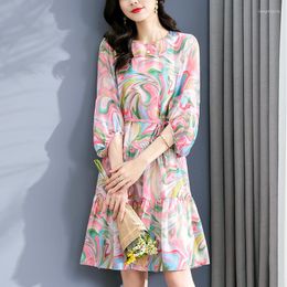 Casual Dresses Vintage For Women 2023 Spring Summer Real Silk Elegant Fashion Lantern Sleeve Ruffles Women's Print Dress A-line